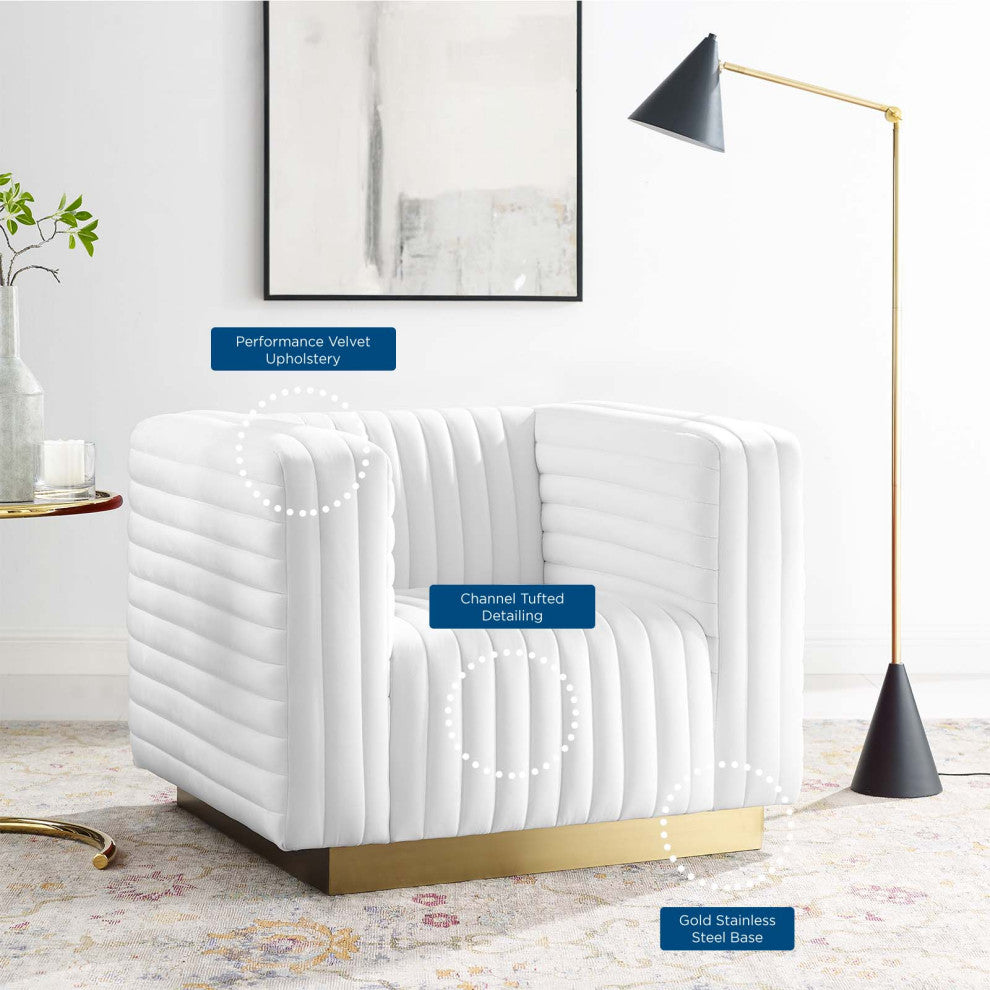 Tufted Armchair Accent Chair, Velvet, White, Modern, Living Lounge Hospitality