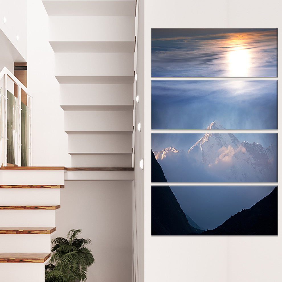 Peak of Winter Mountains At Sunset, Landscape Canvas Wall Art, 28"x48", 4 Panels