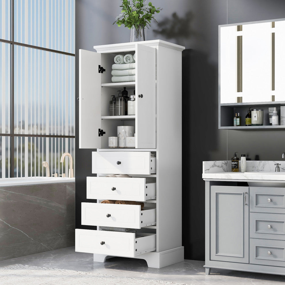 24 in. W x 68 in. H MDF Bathroom Storage Cabinet with Two Doors and Four Drawers, White
