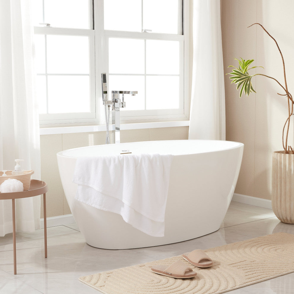 Vanity Art 55"x32" Acrylic Freestanding Soaking Bathtub, White/Integrated Overflow
