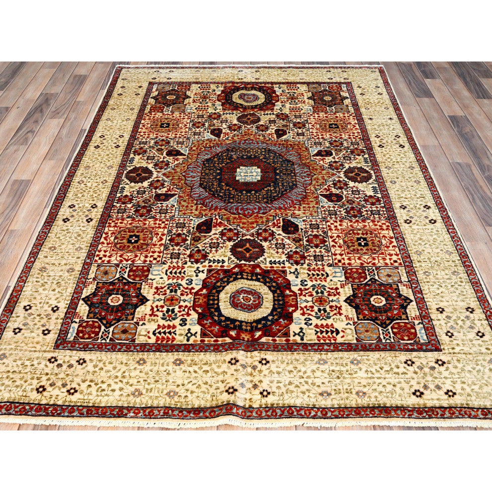 White, Hand Knotted, 100% Wool, Mamluk Design, Oriental Rug, 4'10"x7'