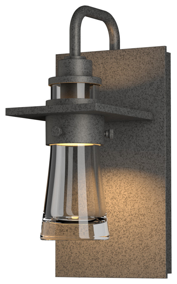 Erlenmeyer Small Outdoor Sconce, Coastal Natural Iron Finish, Clear Glass