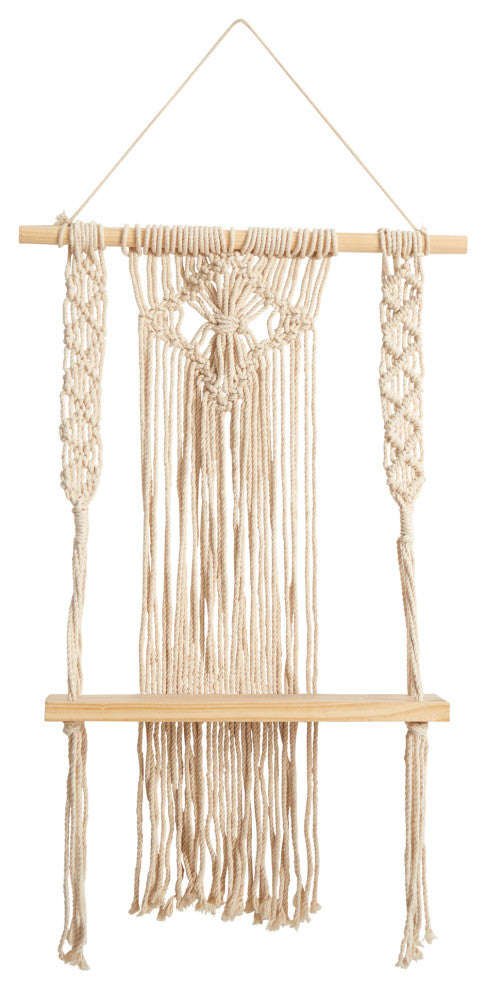 24" Boho Chic Wood Macrame Single Shelf Woven Diamond Wall Art Decor