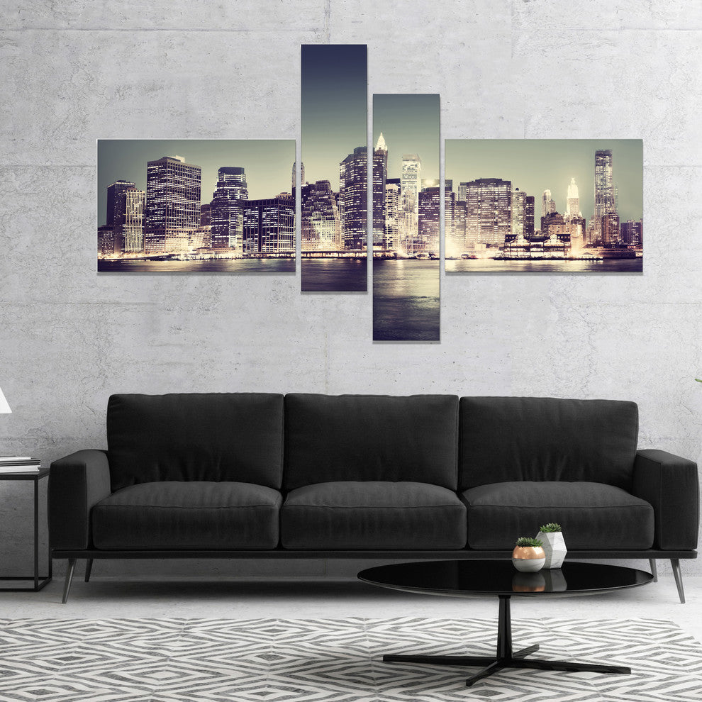 Black and White NYC Night Panorama, Extra Large Canvas Print, 60"x32", 4 panels