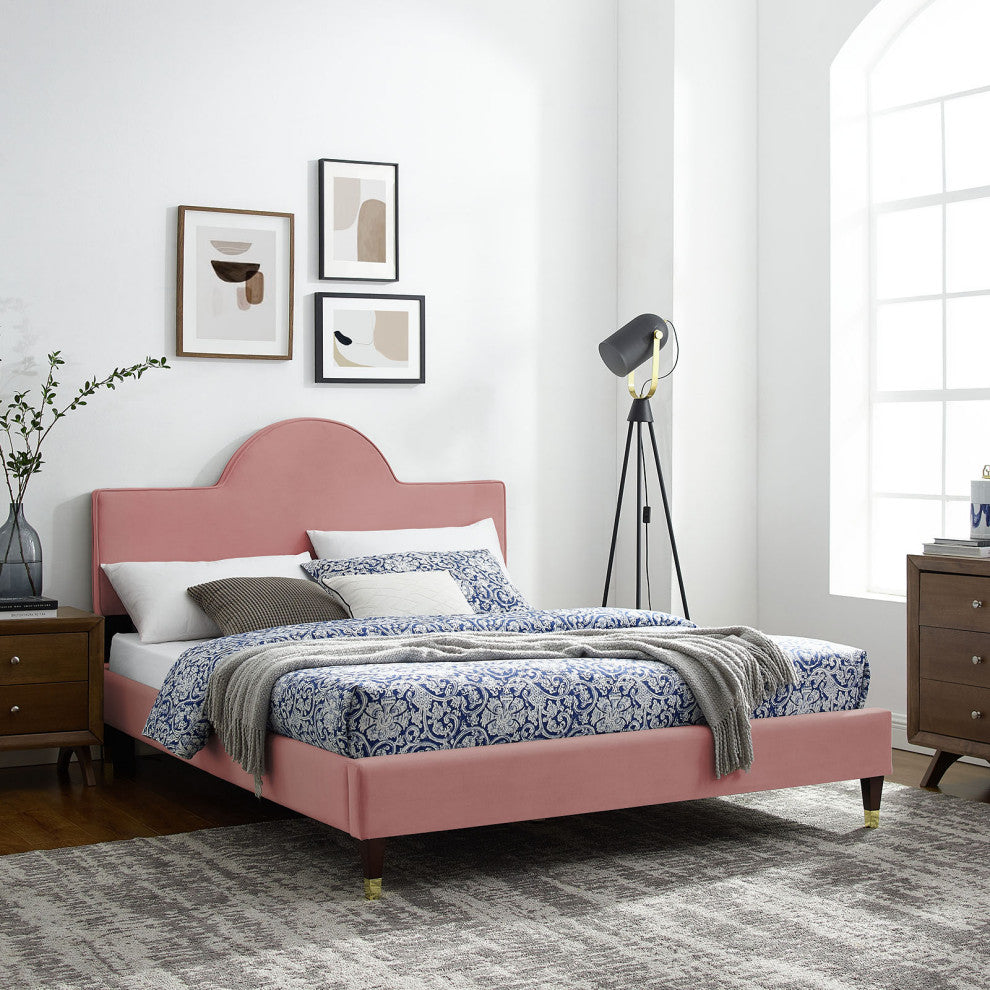 Platform Bed Frame, Queen Size, Pink, Velvet, Modern, Bedroom Guest Suite