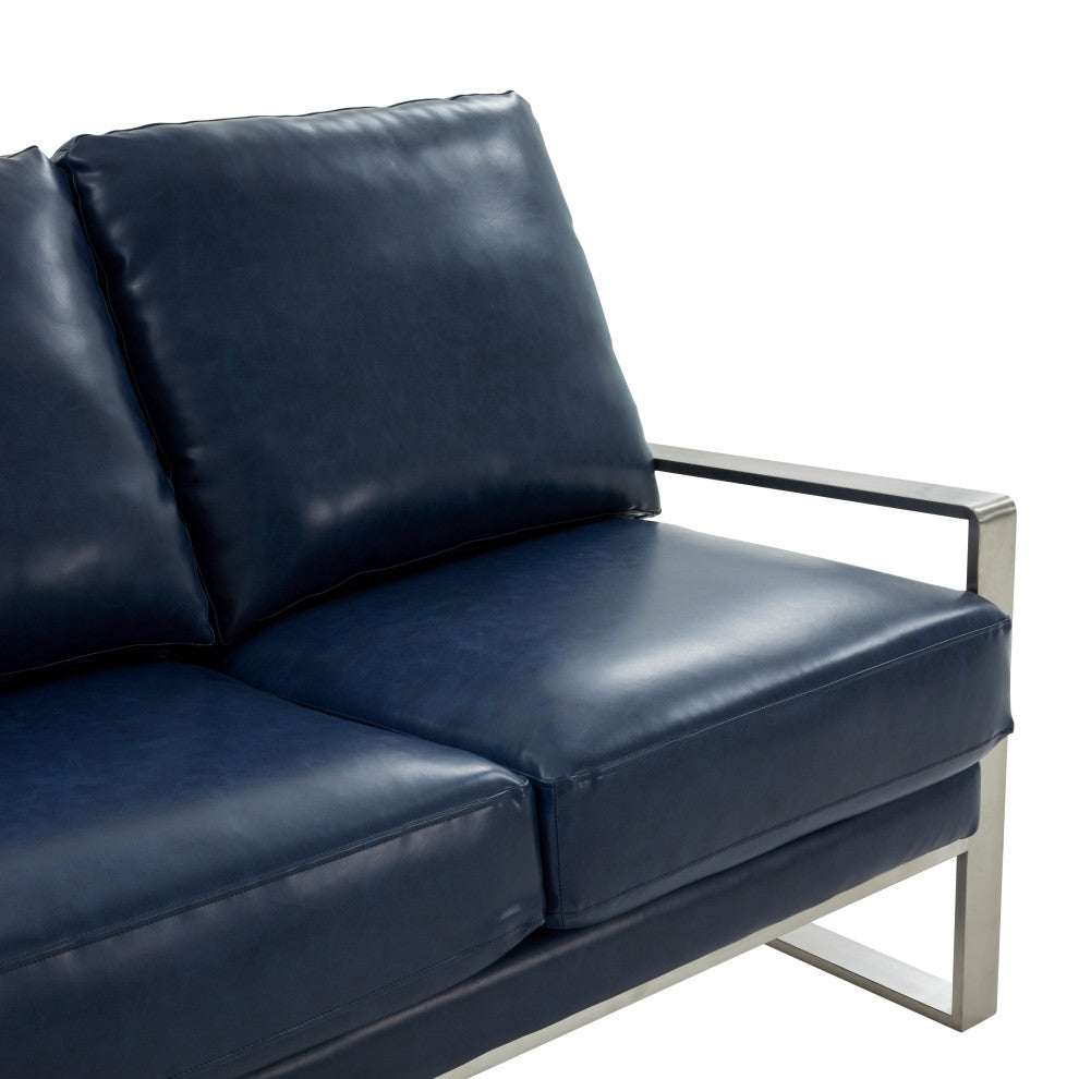LeisureMod Jefferson Modern Faux Leather Sofa With Silver Frame, Navy Blue