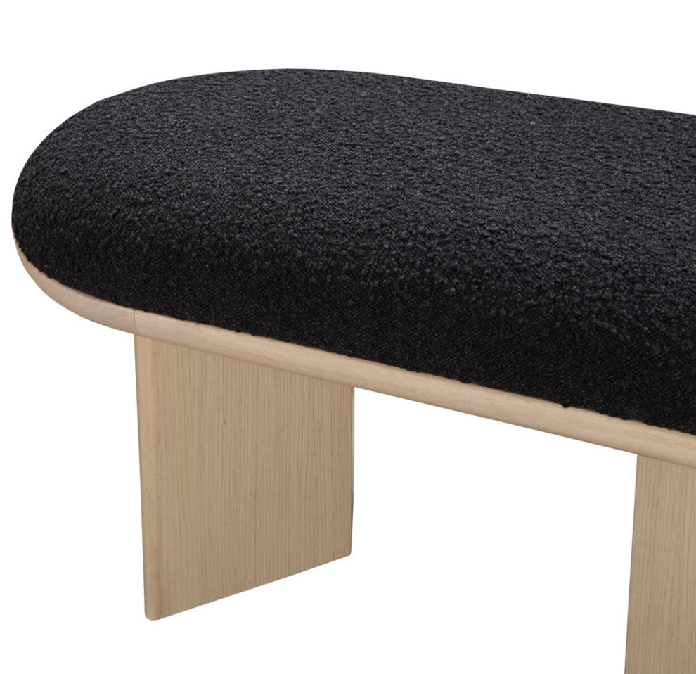 Wilshire Boucle Fabric Upholstered Bench, Black, Natural Oak Finish