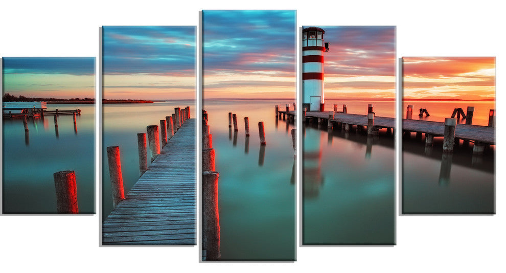 Lighthouse at Lake in Neusiedl am See, Landscape Canvas Art, 60"x32", 5 Panels