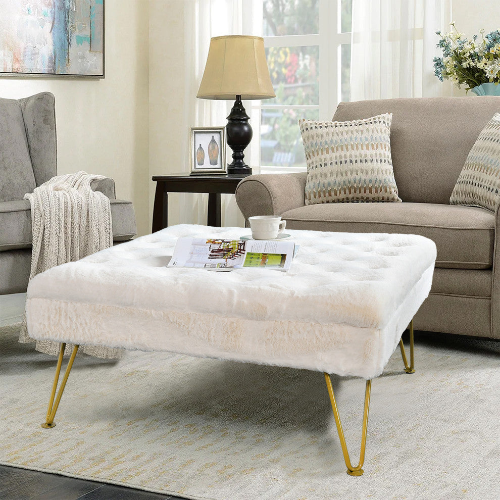 Rabbit Faux Fur Tufted Coffee Table, Egret, 33"x33"x18"