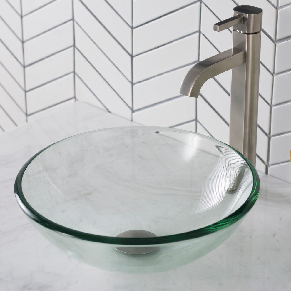 Glass Vessel Sink, Bathroom Ramus Faucet, PU Drain, Mounting Ring, Nickel