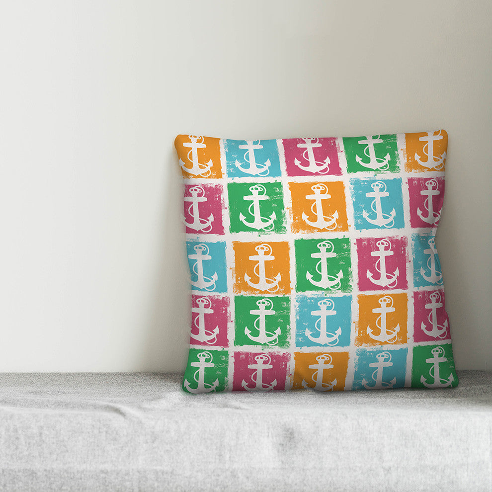 Colorful Anchor Pattern 16x16 Throw Pillow