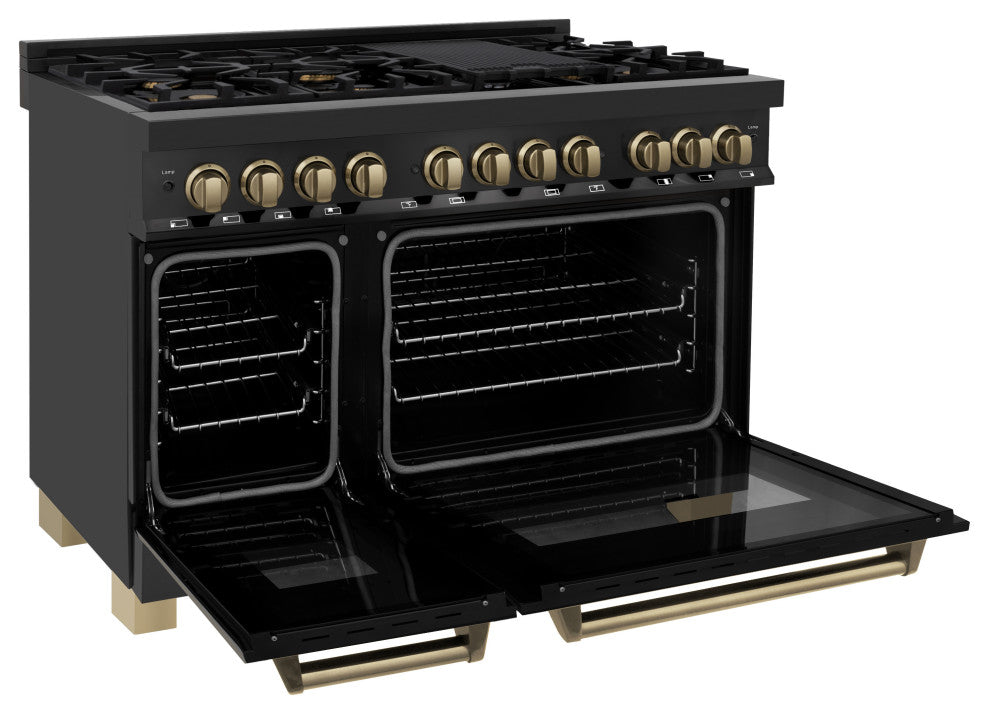 ZLINE 48" Dual Fuel Range, Black Stainless With Champagne Bronze RABZ-48-CB