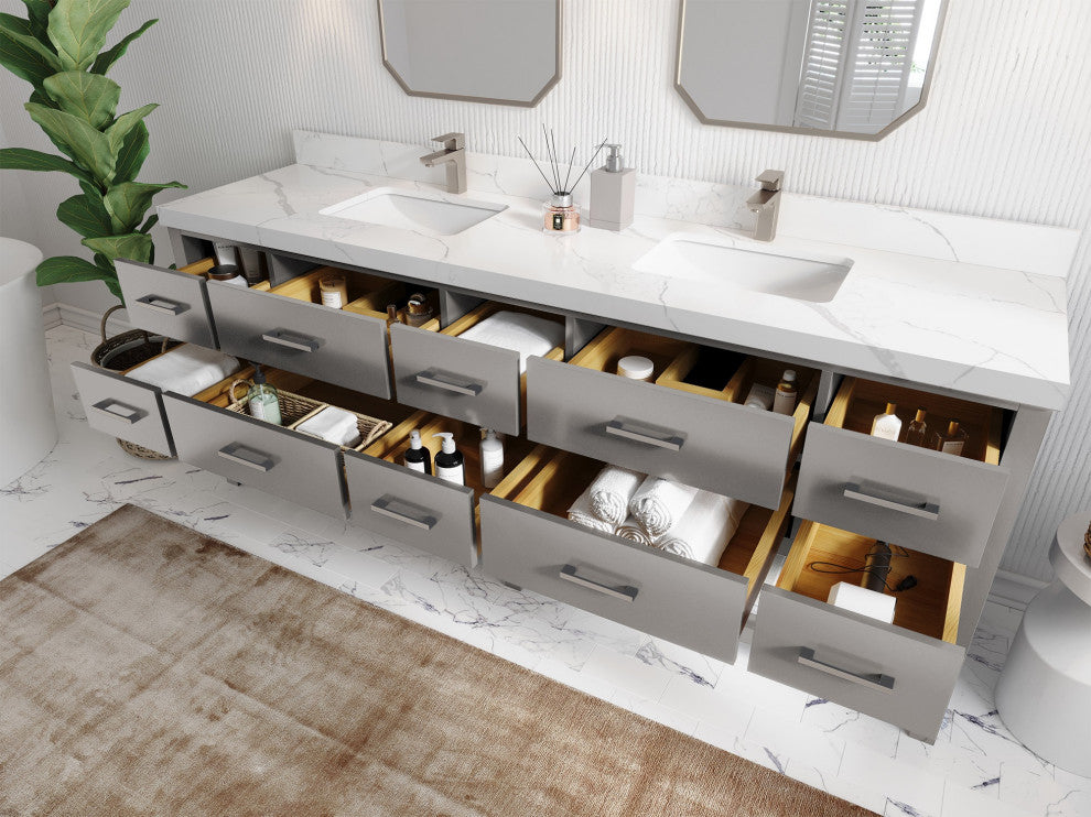 Parker 84 Double Sink Bathroom Vanity Elephant Skin Gray 2" Carrara Marble