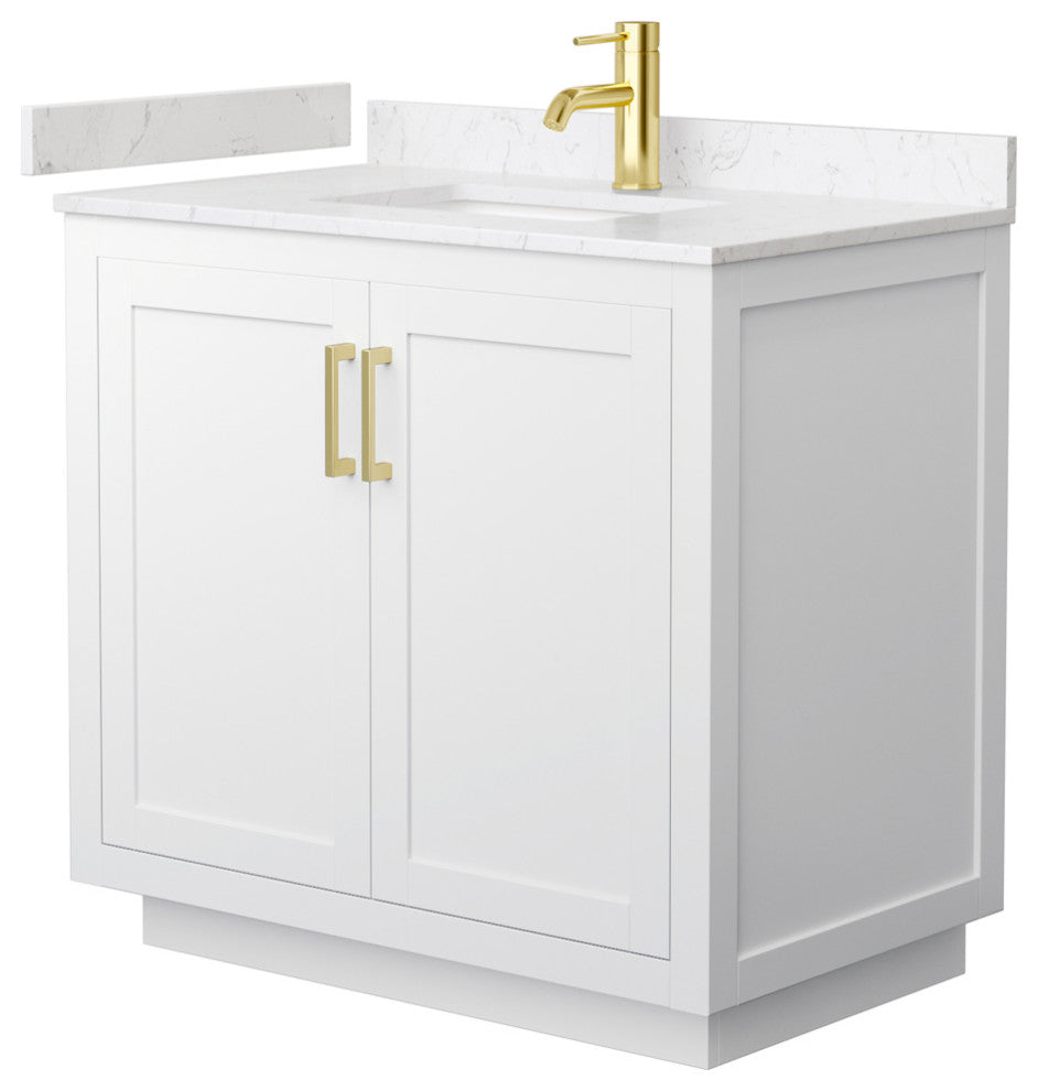 36"SGL Vanity White, Light-Vein Carrara Cult. Marble Countertop, Sink, Gold Trim
