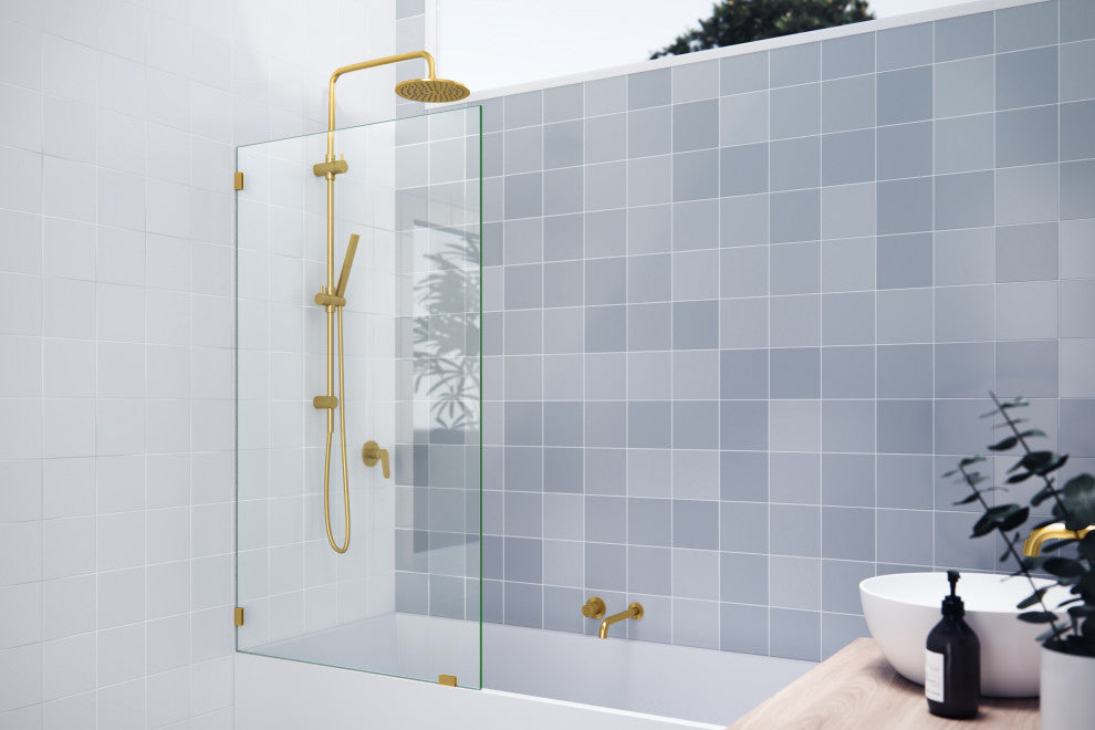 58.25"x34" Frameless Shower Bath Fixed Panel, Satin Brass