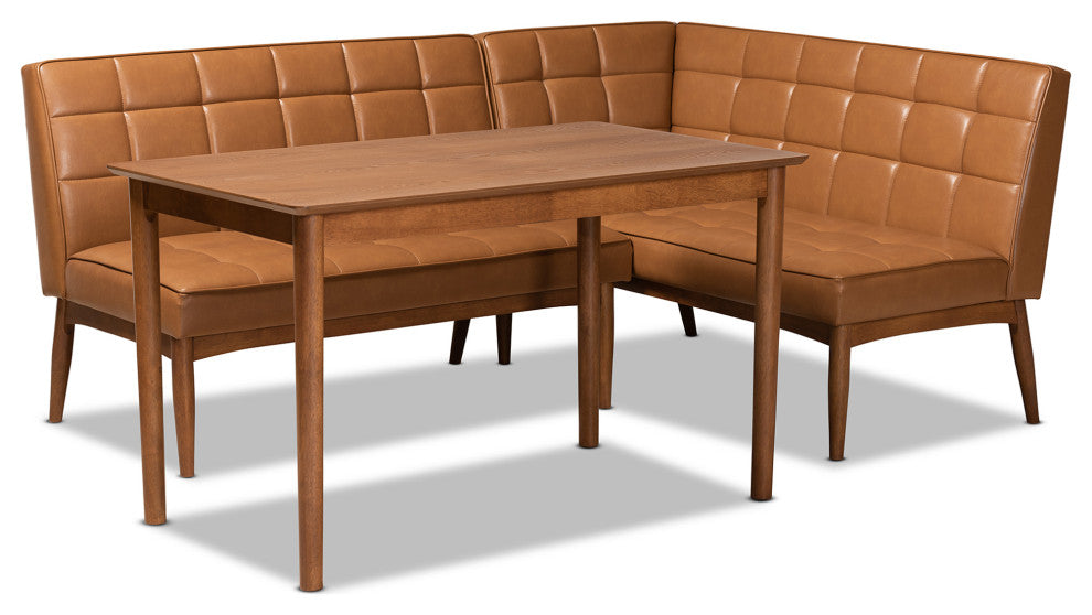 Sanford Tan Faux Leather Upholstered Brown Finished Wood 3-Piece Dining Nook Set