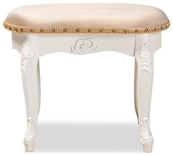 Derwent Sand Velvet Fabric White-Finished Wood Vanity Ottoman