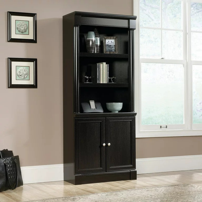 Tall Bookcase, Crown Molded Top With 3 Open Shelves & Lower Cabinet, Wind Oak