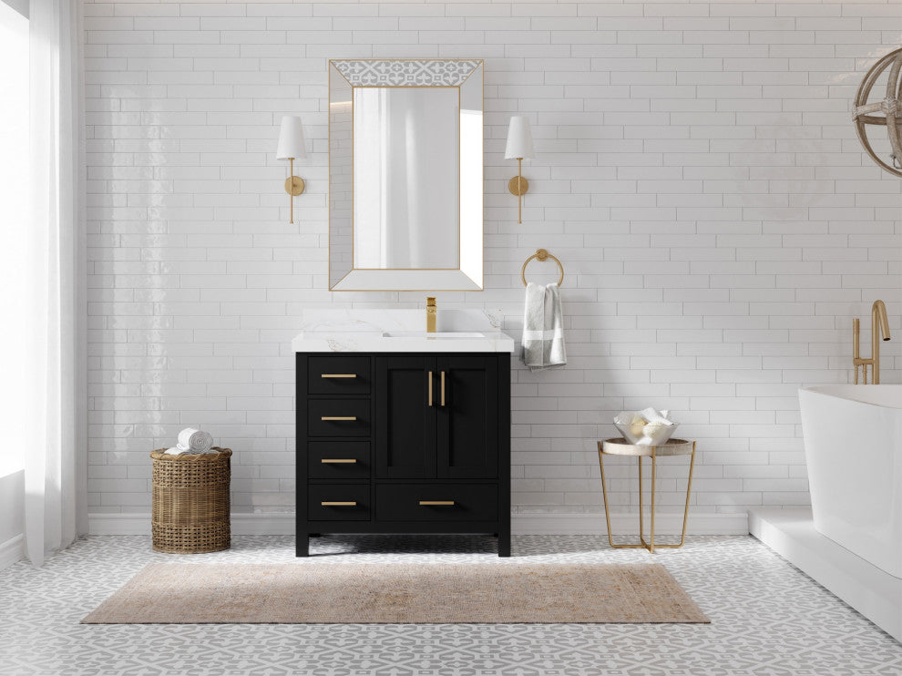 Malibu 36" Right Offset Bath Vanity in Black 2" Calacatta Sienna
