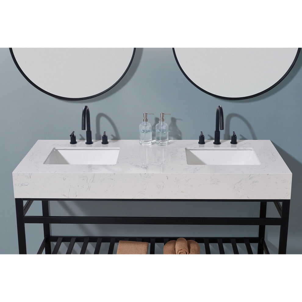 Merano Engineered Stone Vanity Top, Aosta White Apron With White Sink, 60"