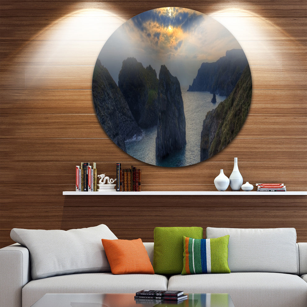Dark Rocky Panorama Coastline, Seashore Disc Metal Wall Art, 23"