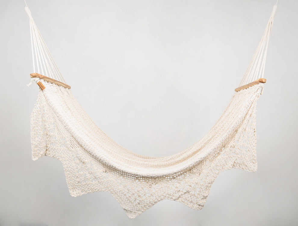 Boho Natural Cotton Hammock With Geometric Fringe, Wooden Bar