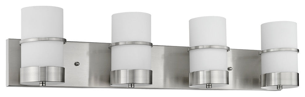 PENELOPE Contemporary 4 Light Brushed Nickel Bath Vanity Light Etched White Glas