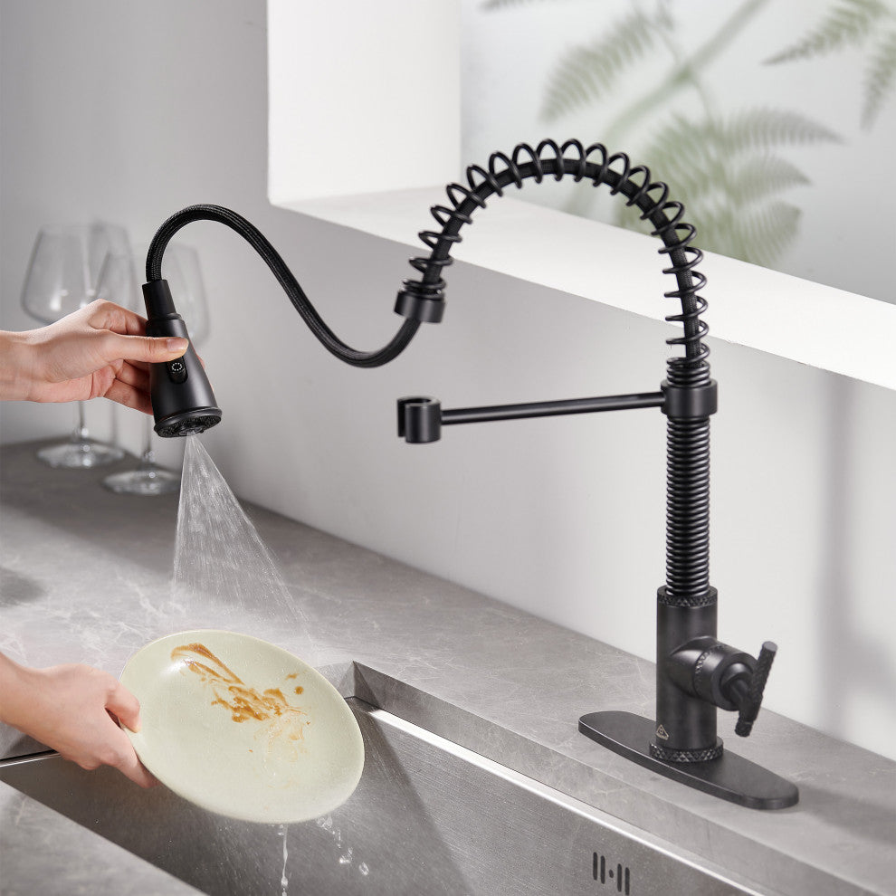 Single Handle Kitchen Faucet Pull-Down Sprayer, 360 Swivel, Three Functions, Matte Black