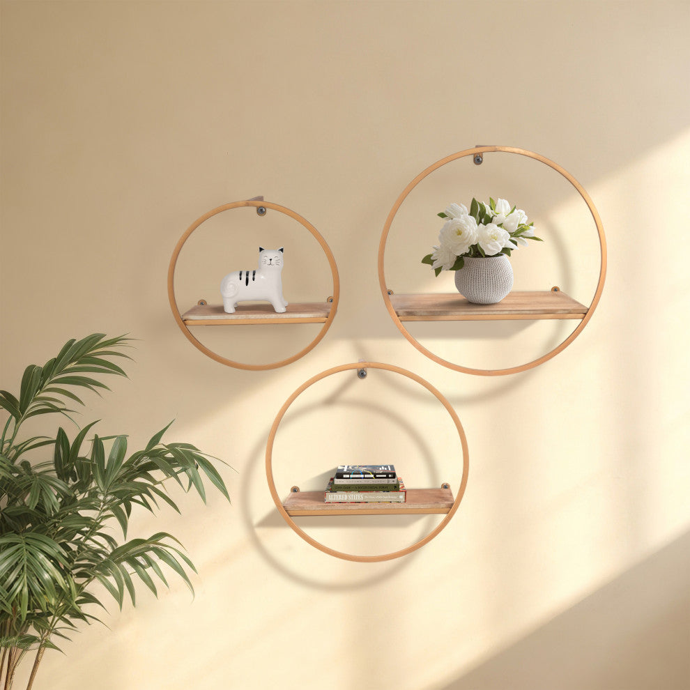 3-Piece Metal and Wood Wall Shelves, Bronze
