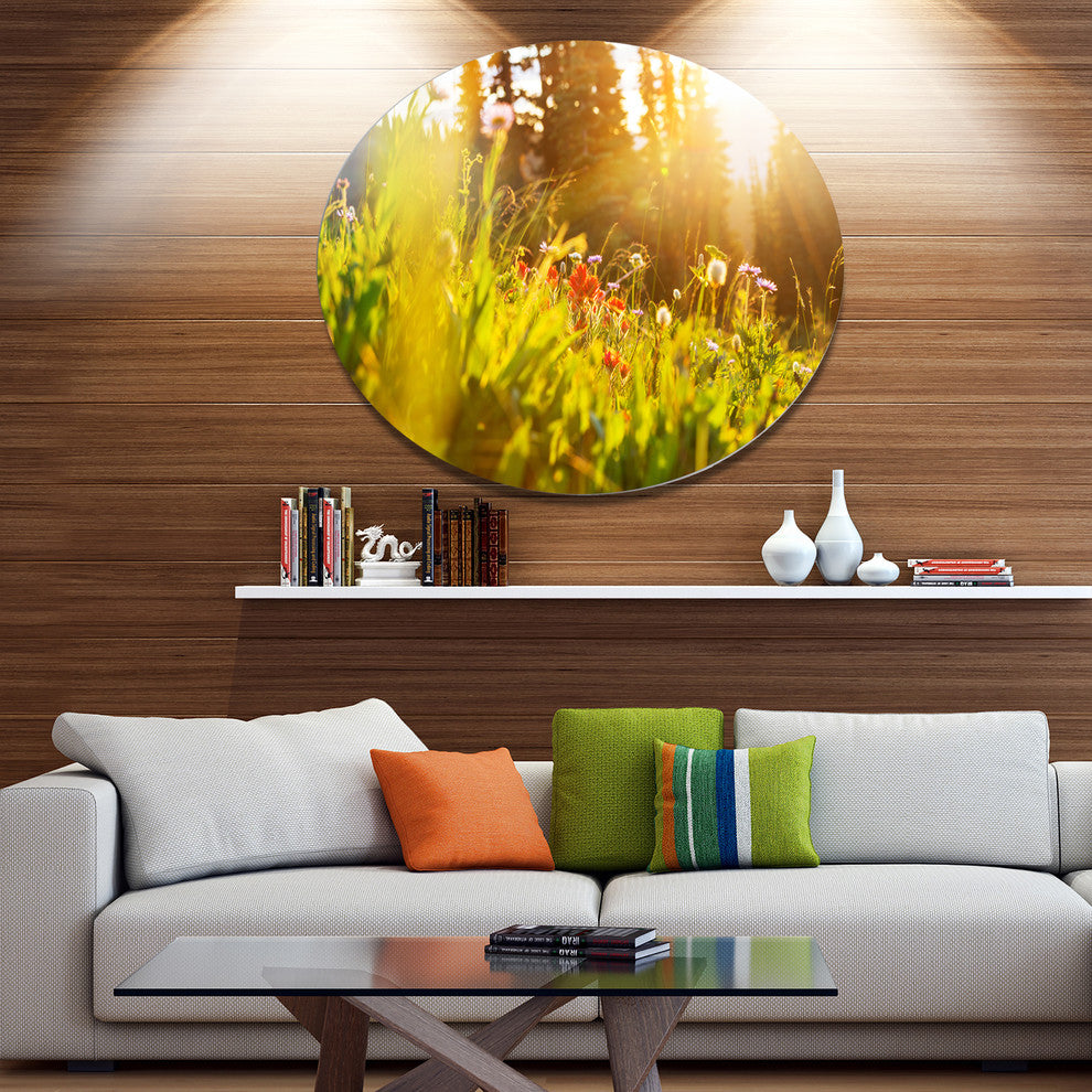 Green Meadow With Summer Flowers, Flower Large Disc Metal Wall Art, 36"