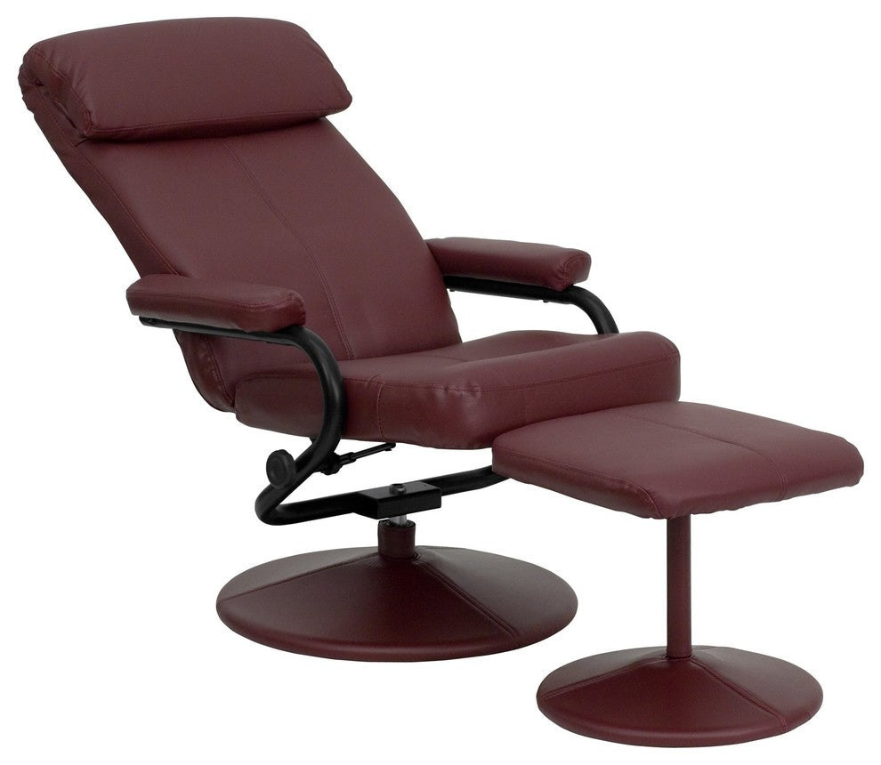 Burgundy Leather Recliner and Ottoman With Leather Wrapped Base