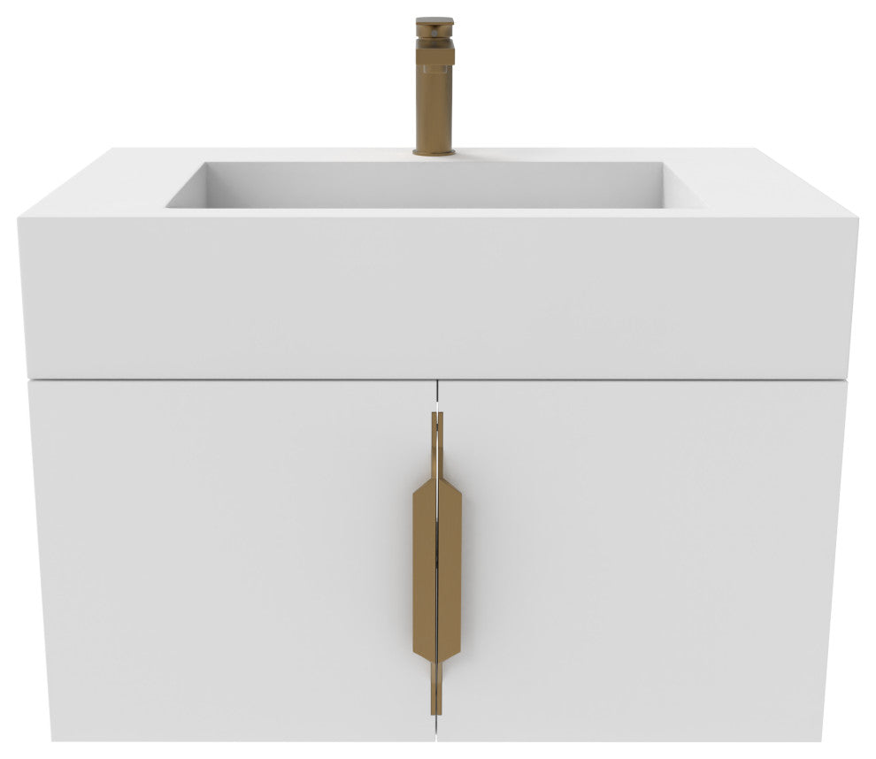 CastelloUSA Nile 30" Wall Mounted Bathroom Vanity Set, White, White Top, Gold Handles