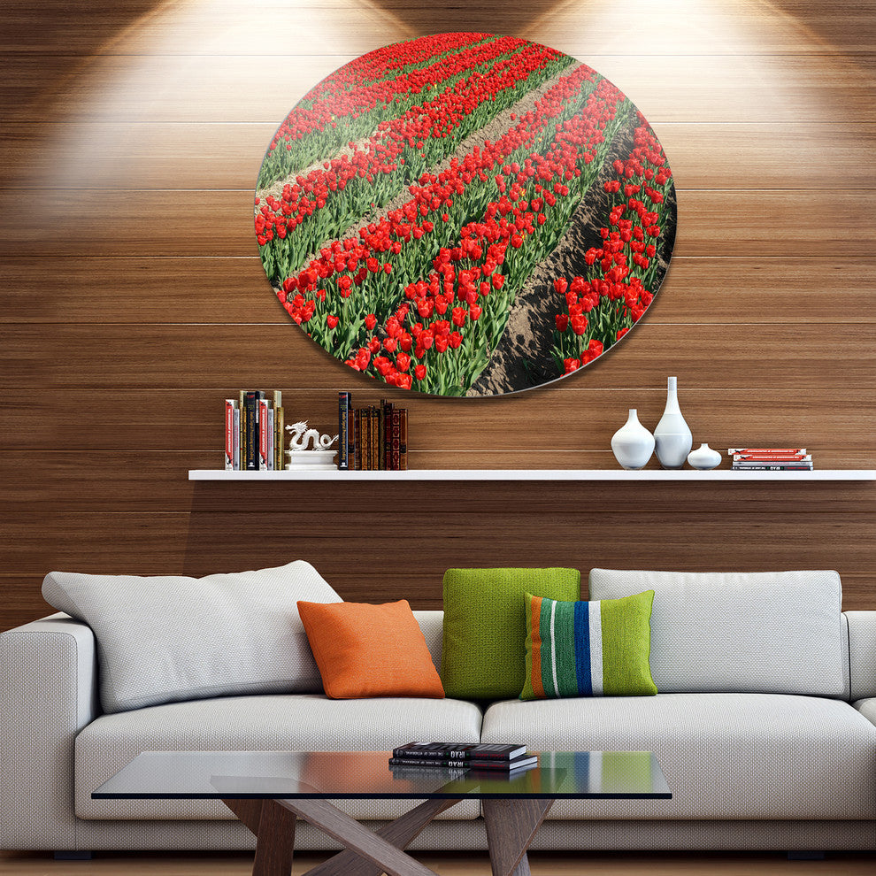 Rows Of Red Tulip Flowers, Floral Wall Round Metal Wall Art, 36"
