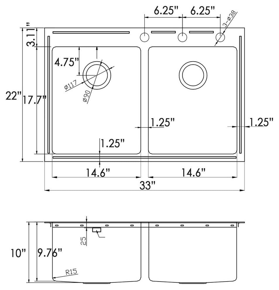 33" Drop-In/Top-Mount Stainless Steel Double Bowl Kitchen Sink