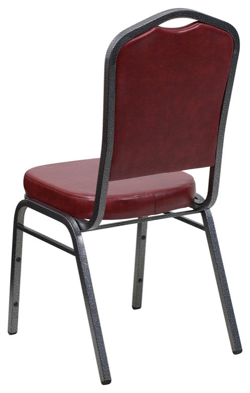 Crown Back Stacking Banquet Chair in Burgundy Vinyl-Silver Vein Frame