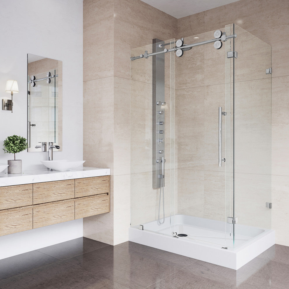 VIGO Winslow Frameless Sliding Shower Enclosure, Chrome, 36" D X 48" W X 80" H, Left Drain Base