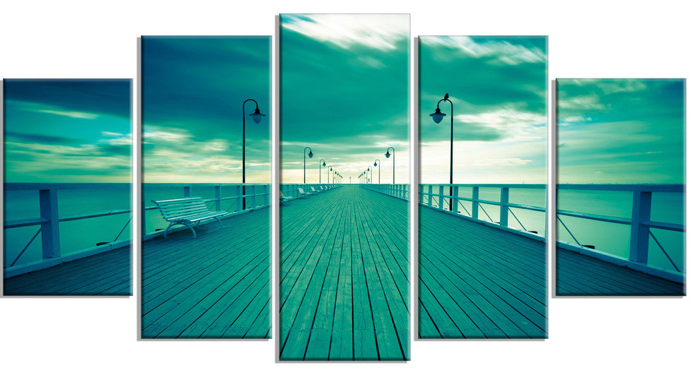 Blue Seascape With Wooden Pier, Bridge Canvas Art Print, 60"x32", 5 Panels