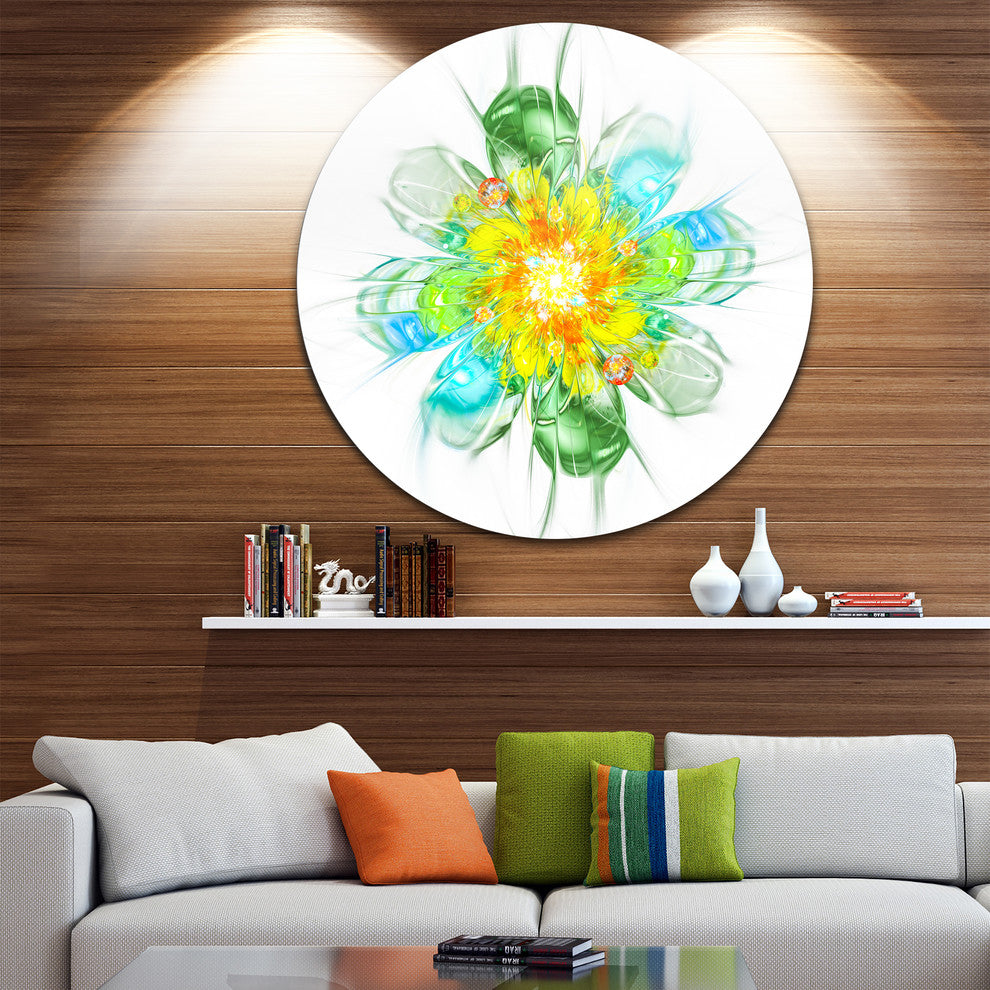 Yellow Blue Glowing Fractal Flower, Floral Disc Metal Artwork, 36"