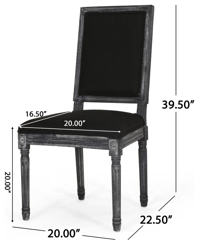 Marten Farmhouse Fabric Upholstered Wood and Cane 7 Piece Dining Set, Black + Grey + Rustic Metal + Natural Stained