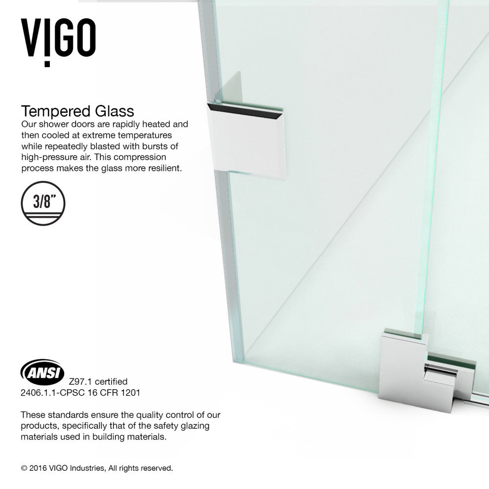 VIGO Pirouette 30" to 36" W x 72" H Frameless Pivot Shower Door, Chrome, Clear Glass