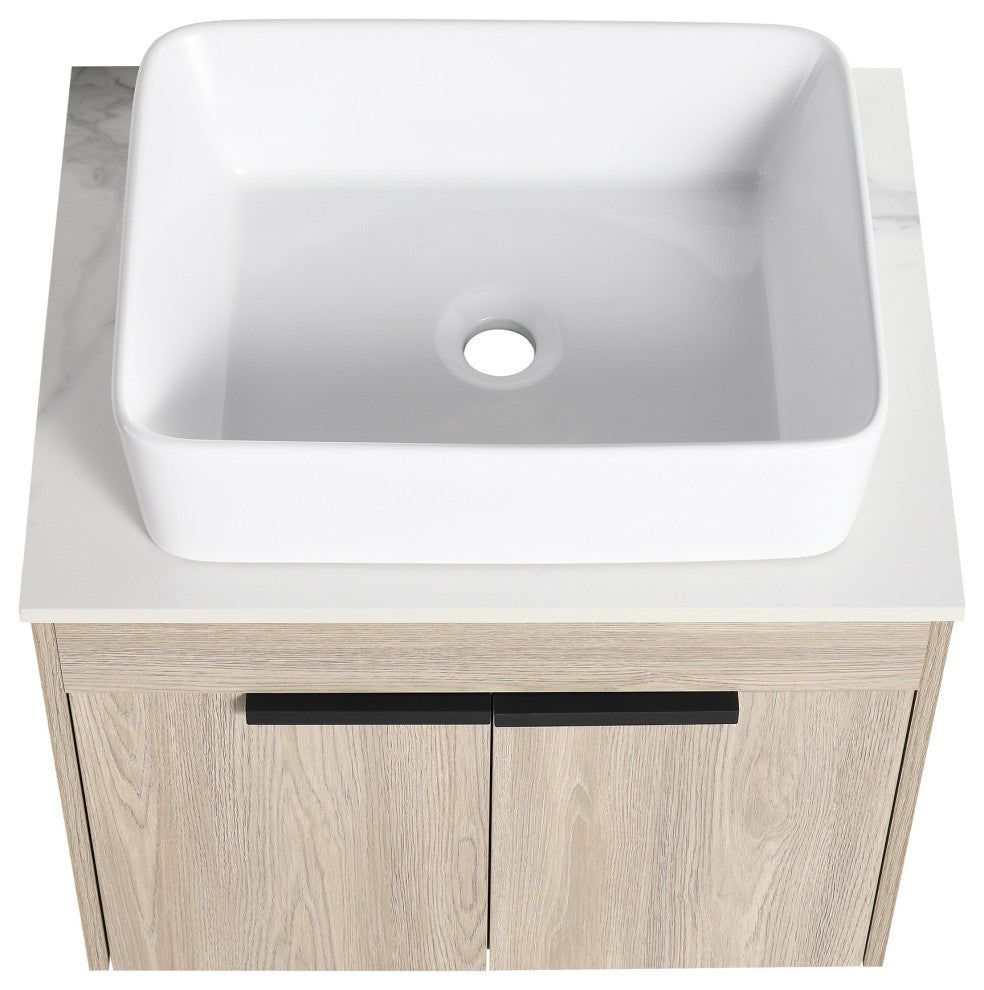 Wall-Mounted Bath Vanity, White Oak, White Ceramic Vessel Sink