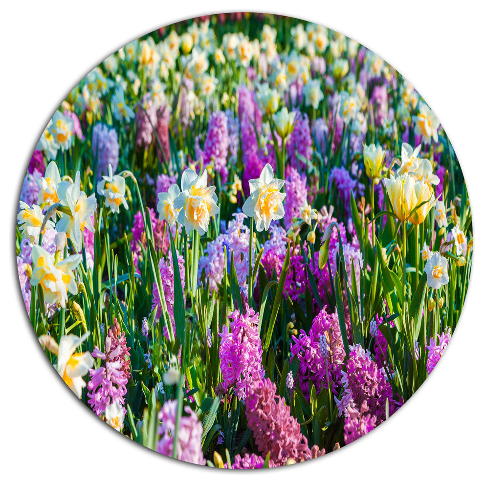 Spring Flowers In Keukenhof Park, Modern Floral Disc Metal Artwork, 11"