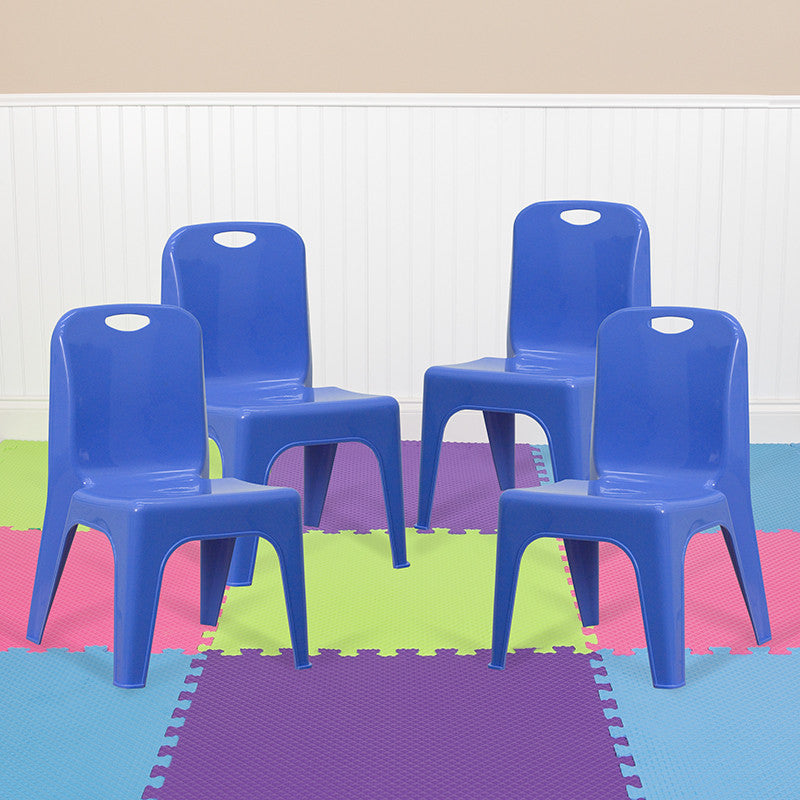 4 Pack Plastic Stackable Chair With Carrying Handle, 11" Seat Height, Blue