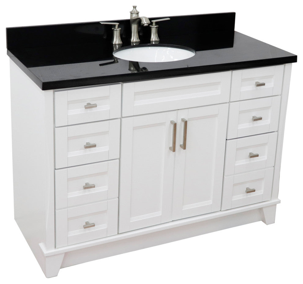 49" Single Sink Vanity, White Finish With Black Galaxy Granite And Oval Sink