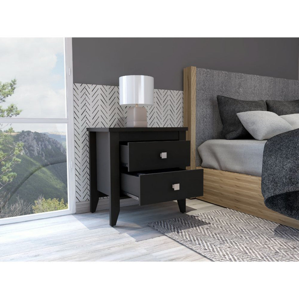 Breeze Four-Legged Modern Bedroom Nightstand, with Two Drawers - Black