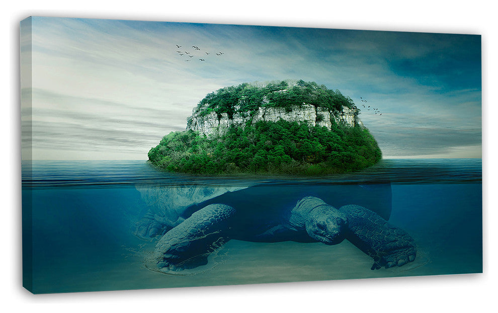 Giant Turtle Carrying Island, Oversized Abstract Canvas Art, 32"x16"