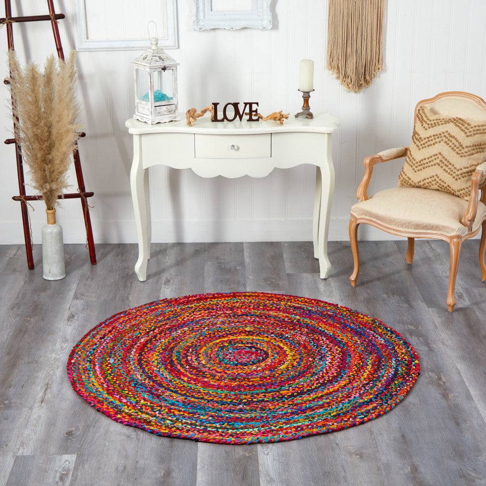 5' x 5' Hand Braided Boho Colorful Chindi Round Rug