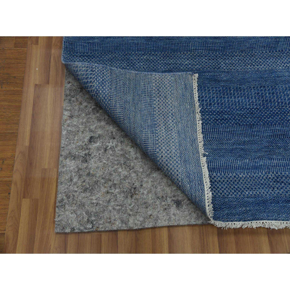 Dark Sapphire Hand Knotted Grass Design Wool and Silk Oversized Rug, 12'x18'