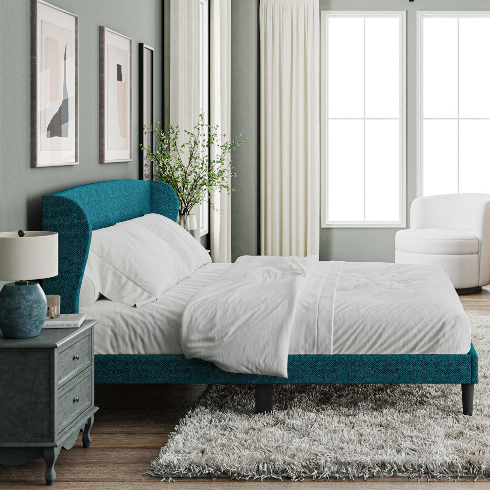 Upholstered Wingback Platform Bed, Full, Turquoise