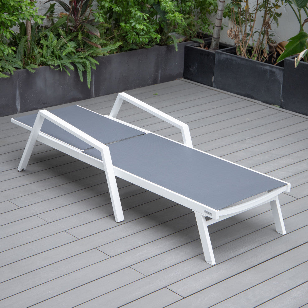 LeisureMod Marlin Patio Chaise Lounge Chair With Arms White Frame, Dark Gray